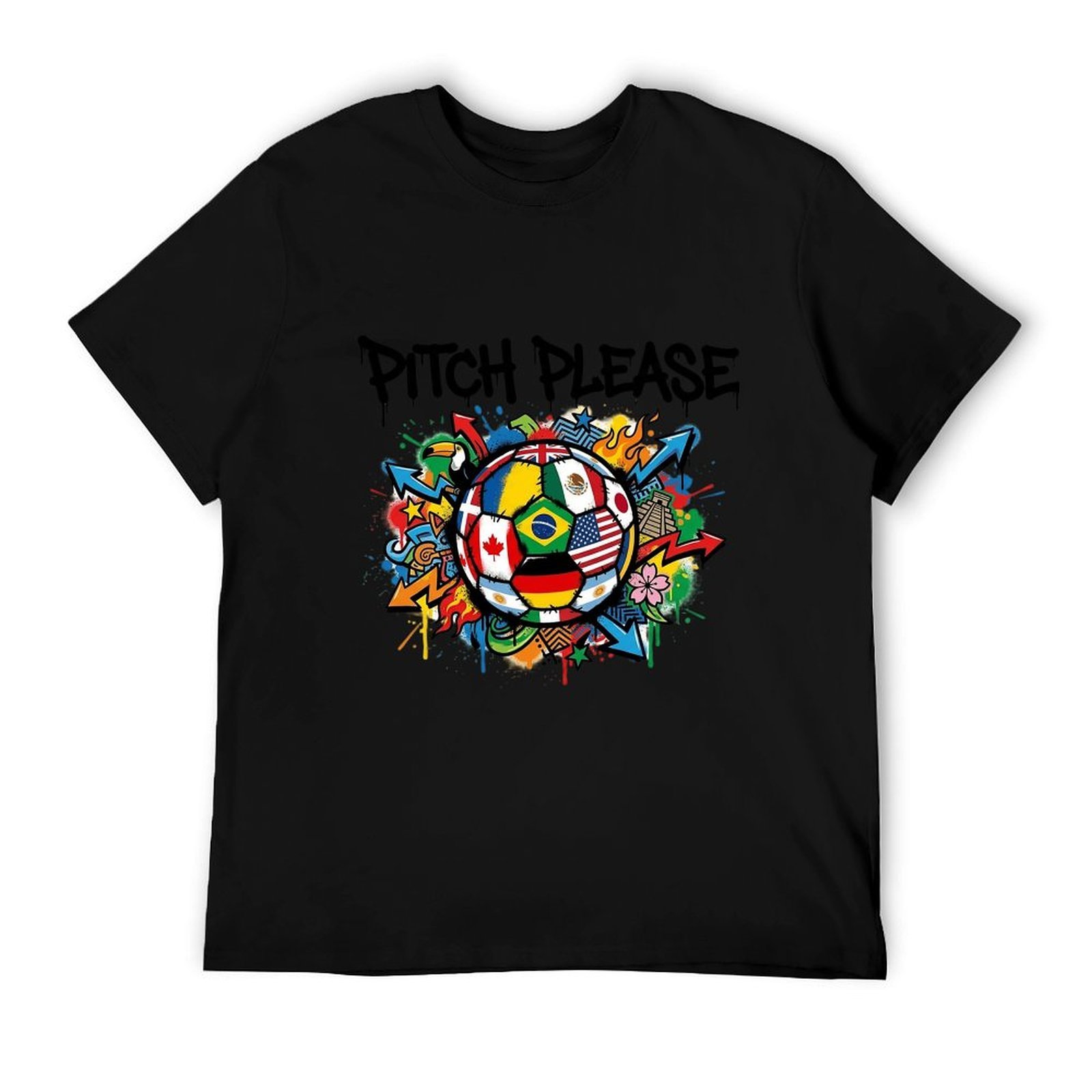 Solid black short sleeve cotton t-shirt with same colorful global flag soccer Pitch Please graffiti front print